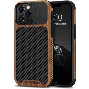 TENDLIN Compatible with iPhone 13 Pro Case Wood Grain with Carbon Fiber Texture Design Leather Hybrid Case Compatible for iPhone 13 Pro 6.1-inch Released in 2021 Black