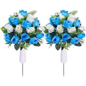 Lodou Artificial Cemetery Flowers,Set of 2 Grave Decorations Roses, Tombstone Memorial Bouquet with Vase for Grave Arrangementss (2, red & Beige)