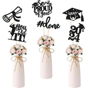 12 Pack 2024 Graduation Centerpiece Sticks Assembled Glitter Class of 2024 So Proud of You Cake Toppers Diploma Grad Cap Table Centerpiece Sticks for 2024 Graduation Theme Party Supplies Black