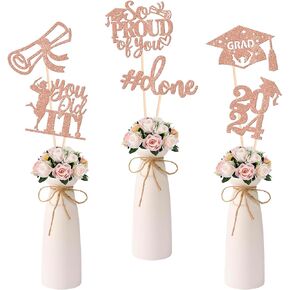 12 Pack 2024 Graduation Centerpiece Sticks Assembled Glitter Class of 2024 So Proud of You Cake Toppers Diploma Grad Cap Table Centerpiece Sticks for 2024 Graduation Theme Party Supplies Black