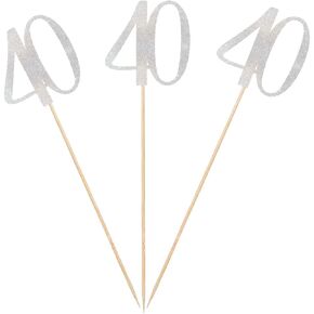 Silver Glitter 40th Birthday Centerpiece Sticks, 12-Pack Number 40 Table Topper Anniversary Party Decorations