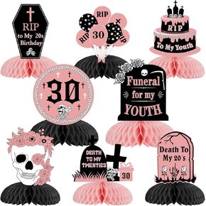 Fangleland 8Pcs Rip to My 20s Honeycomb Centerpieces, Rose Gold Death of My Youth 30 Party Decorations for Women, Funeral Gothic Thirty Birthday 3D Table Party Supplies