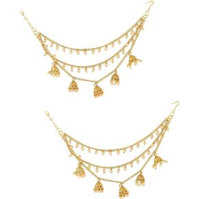 Efulgenz Indian Bollywood Jewelry Gold Tone Plated Dangling Earring with Layered Jhumka Tassels Ear Support Chain Hair Accessory, Copper, not known