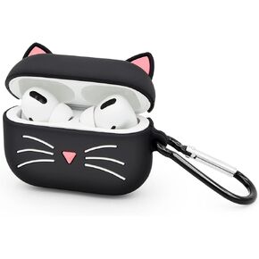 Cute Airpods Pro Case, Black Whisker Cat Kitty Funny 3D Cartoon Animals Full Protection Shockproof Soft Silicone Charging Case Cover Skin with Carabiner for Kids Girls Women Children