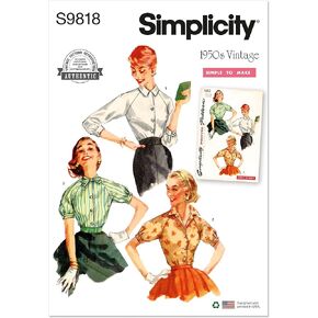 Simplicity Easy Misses' Vintage 1950's Blouses Sewing Pattern Kit, Design Code S9818, Sizes 6-8-10-12-14, Multicolor