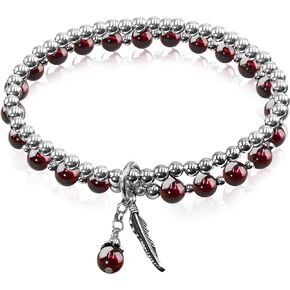 Natural 6mm Garnet beads & 4mm Silver beads bracelet set for women, Jewelry Healing Bracelets Bring Luck and happyness Prosperity. a blessing gift(2 pack)