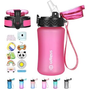 GOPPUS Kids Water Bottle with Straw Spout Lid 10pcs Stickers 12 oz Leak-proof BPA Free Motivational Time Marker Tritan Plastic Water Bottles for Girls Boys School Sports