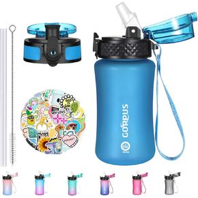 GOPPUS Kids Water Bottle with Straw Spout Lid 10pcs Stickers 12 oz Leak-proof BPA Free Motivational Time Marker Tritan Plastic Water Bottles for Girls Boys School Sports