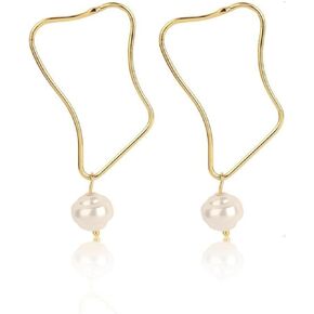 FUTIMELY Pearl Drop Dangle Earrings for Women Girls,Boho 14K Gold Plated Vintage Real Freshwater Pearl Statement Earrings Wedding Preppy Jewelry