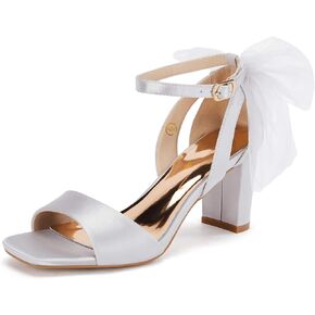 Coutgo Women's Bow Tie Heeled Sandals Chunky Heels One Strap Satin Ankle Buckle Dress Wedding Shoes