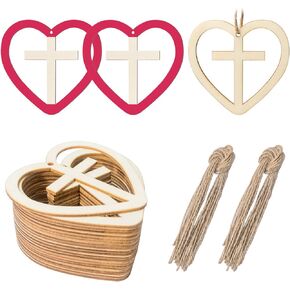 Heart Shape Wooden Cross Wooden Blank Wood with Twines Art Unfinished Ornaments for Christmas Wedding Birthday Party Valentine's Day Decoration 20Pcs