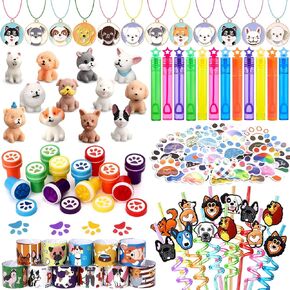 Winrayk 132Pcs Puppy Party Favors - Birthday Supplies with Straws, Dog Figures, Necklace, Paw Print Stamp, Bubble Wand, Bracelet, Dog Paw Stickers for Kids Boys & Girls