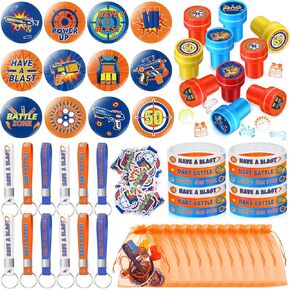 Honoson 110 Pcs Dart Battle Party Favors Supplies Battle Theme Stickers Temporary Tattoos Silicone Bracelets Keychains Badge Stamps with Organza Bags for Birthday Gifts Baby Shower Goodie Bag Fillers