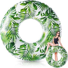 Jumbo Swimming Ring Pool Float 47.24 Inch Inflatable Float Tube Tropical Leaves Pool Tube Green Leaves Inflatable Tube Pool Rings for Teens Adults Summer Beach Tropical Party Supply