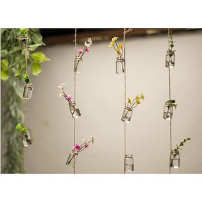 Hanging transparent glass bottle DIY green plant decorative pendant, hydroponic plant glass vase, glass decorative ornaments hanging accessories balcony room decoration.A string of 8 bottles