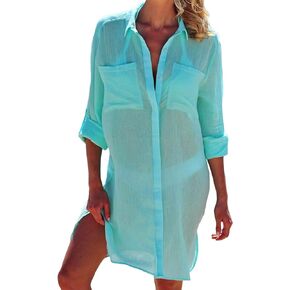 Womens Beach Cover Up Button Down Shirts Swimsuit Coverup Summer Cotton Gauze Tops Long Sleeve Dress