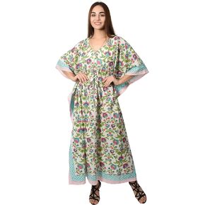Fabric Venue Hand Block Print Cotton Summer Wear Dress Caftan Dress Beach Wear Wave Blue Print Kaftan, Multi Color, One Size fabricvenue kaf-79