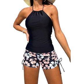 SOLY HUX Tankini Swimsuits for Women Halter Tops and Floral Print Shorts Bathing Suits Two Piece Swimsuit