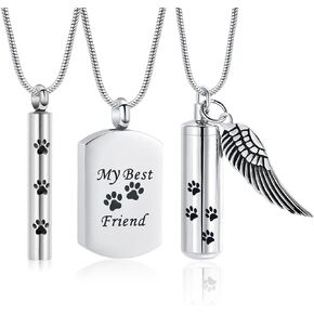 3 Pieces Paw Print Urn Necklace for Ashes for Women Men Cylinder Pet Cremation Jewelry Dog Cat Memorial Ashes Pendant