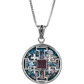 Nano Sim New Testament Round Silver Pendant The Jerusalem Cross Studded with Roman Glass