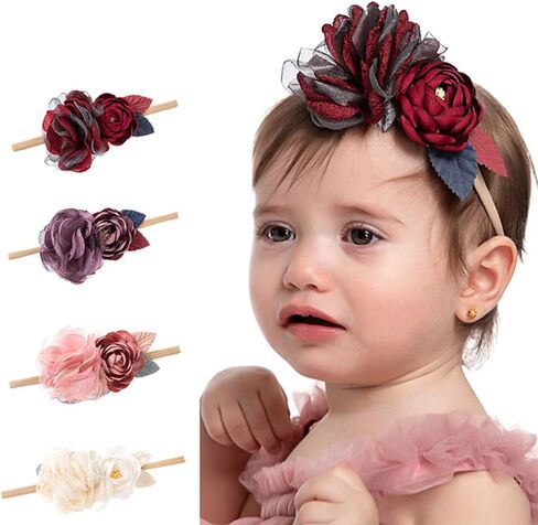 Wiwpar Flower Crown Headband Gauze Headwear Elastic Adjustable Head Piece Girl's Hairbands for Toddler and Childrens （Dark Red） in Saudi Arabia