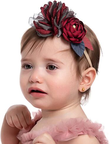 Wiwpar Flower Crown Headband Gauze Headwear Elastic Adjustable Head Piece Girl's Hairbands for Toddler and Childrens （Dark Red） in Saudi Arabia