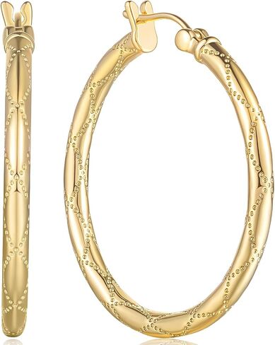 Al&Tiffy Gold Hoop Earrings 14K Gold Earrings for Women Big Hoop Earrings Diamond-cut Dot Engraved Gold Jewelry 30mm in Saudi Arabia