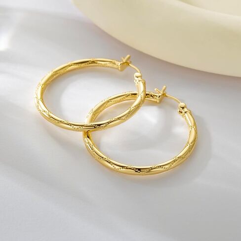 Al&Tiffy Gold Hoop Earrings 14K Gold Earrings for Women Big Hoop Earrings Diamond-cut Dot Engraved Gold Jewelry 30mm in Saudi Arabia