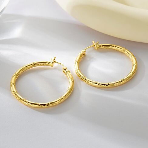 Al&Tiffy Gold Hoop Earrings 14K Gold Earrings for Women Big Hoop Earrings Diamond-cut Dot Engraved Gold Jewelry 30mm in Saudi Arabia