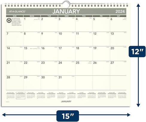 AT-A-GLANCE 2024 Wall Calendar, 15" x 12", Medium, Monthly, Recycled (PMG772824) in Saudi Arabia