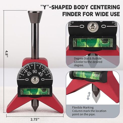Pipe Center Finder with Adjustable Dial Bubble Protractor, Pipe Fitting Tools with 2.75" Y-Type Base for Measuring Pipe Diameter from 1-1/2" to 6" - Essential for Pipefitters, Welders (Red) in Saudi Arabia