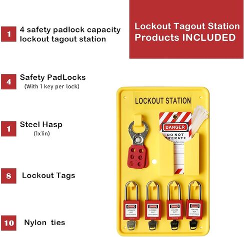 Lockout Tagout Station-4 Safety Padlocks, 1 Hasp, 8 Lockout Tags,10 Nylon Ties, Lockout Safety Supply for OSHA Compliance in Kuwait
