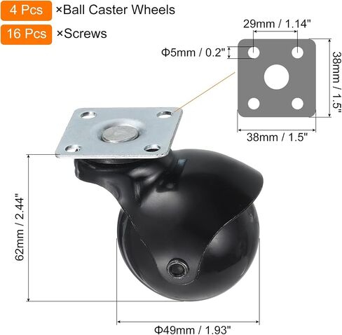 uxcell 2 Inch Ball Caster Wheels, Swivel Furniture Casters Set of 4, 360 Degree Rotatable Plate Caster Wheels for Furniture, Black in Saudi Arabia