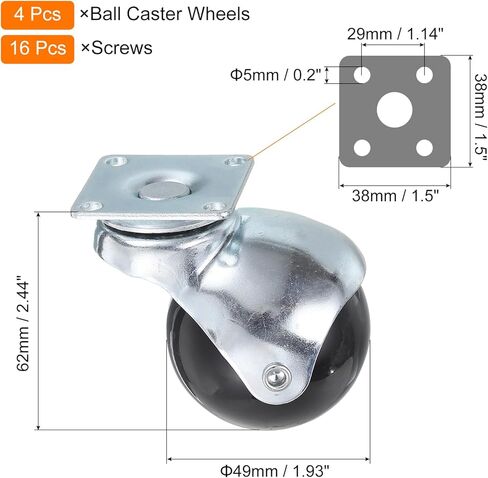 uxcell 2 Inch Ball Caster Wheels, Swivel Furniture Casters Set of 4, 360 Degree Rotatable Plate Caster Wheels for Furniture, Black in Kuwait