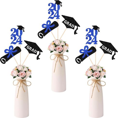 12 Pack 2024 Graduation Centerpiece Sticks Assembled Glitter Class of 2024 So Proud of You Cake Toppers Diploma Grad Cap Table Centerpiece Sticks for 2024 Graduation Theme Party Supplies Black in Kuwait