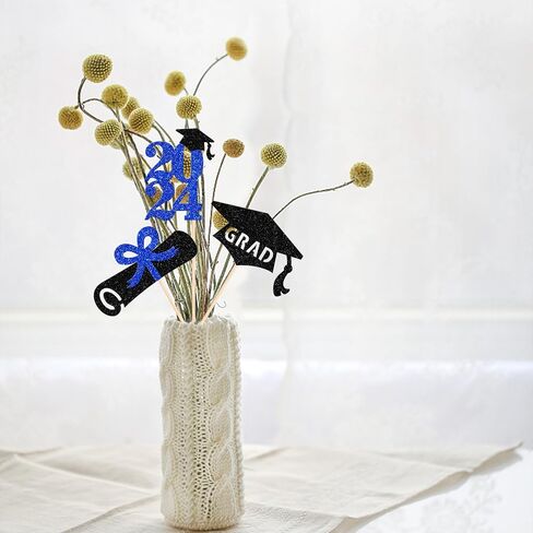 12 Pack 2024 Graduation Centerpiece Sticks Assembled Glitter Class of 2024 So Proud of You Cake Toppers Diploma Grad Cap Table Centerpiece Sticks for 2024 Graduation Theme Party Supplies Black in Kuwait