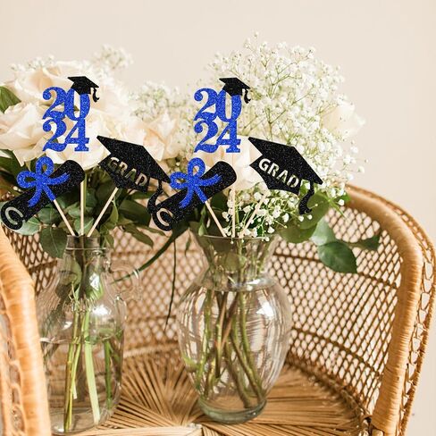 12 Pack 2024 Graduation Centerpiece Sticks Assembled Glitter Class of 2024 So Proud of You Cake Toppers Diploma Grad Cap Table Centerpiece Sticks for 2024 Graduation Theme Party Supplies Black in Kuwait