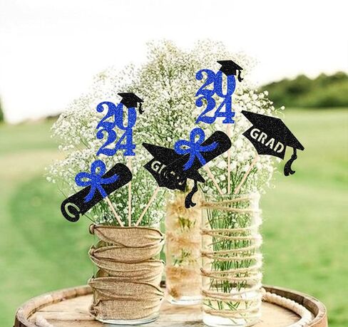 12 Pack 2024 Graduation Centerpiece Sticks Assembled Glitter Class of 2024 So Proud of You Cake Toppers Diploma Grad Cap Table Centerpiece Sticks for 2024 Graduation Theme Party Supplies Black in Kuwait