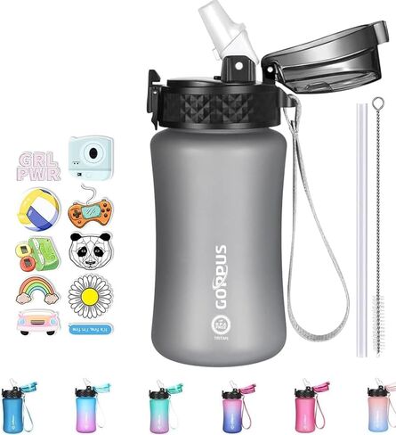 GOPPUS Kids Water Bottle with Straw Spout Lid 10pcs Stickers 12 oz Leak-proof BPA Free Motivational Time Marker Tritan Plastic Water Bottles for Girls Boys School Sports in Saudi Arabia