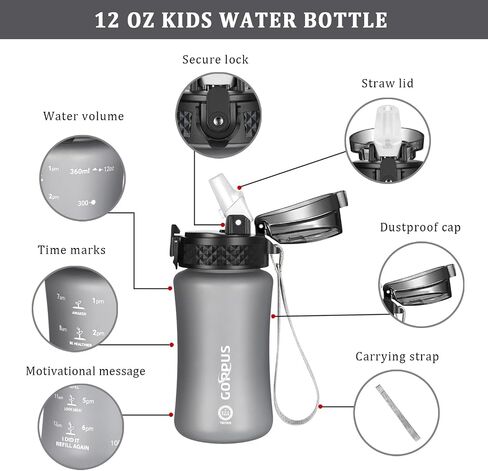 GOPPUS Kids Water Bottle with Straw Spout Lid 10pcs Stickers 12 oz Leak-proof BPA Free Motivational Time Marker Tritan Plastic Water Bottles for Girls Boys School Sports in Saudi Arabia