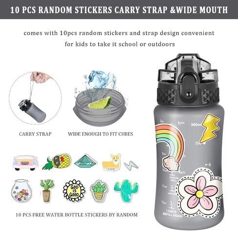 GOPPUS Kids Water Bottle with Straw Spout Lid 10pcs Stickers 12 oz Leak-proof BPA Free Motivational Time Marker Tritan Plastic Water Bottles for Girls Boys School Sports in Saudi Arabia