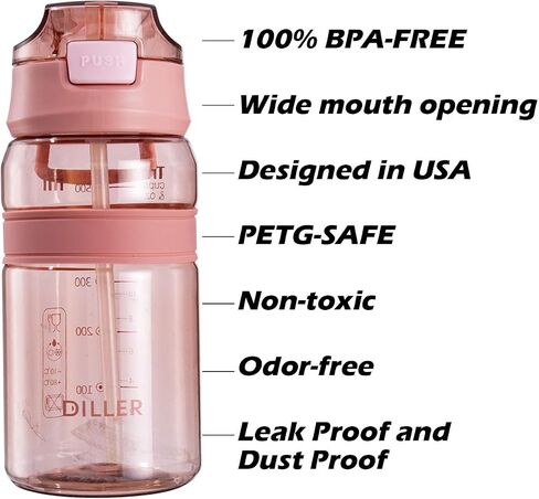 Diller Water Bottle with Straw, 28 or 18 oz BPA Free Plastic Water Bottle with Leak Proof Flip Top Lid for Gym Camping Workouts Outdoors (Clear Blue-2, 28 oz) in Saudi Arabia