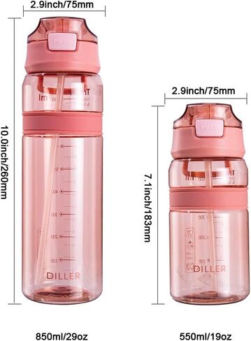 Diller Water Bottle with Straw, 28 or 18 oz BPA Free Plastic Water Bottle with Leak Proof Flip Top Lid for Gym Camping Workouts Outdoors (Clear Blue-2, 28 oz) in Saudi Arabia