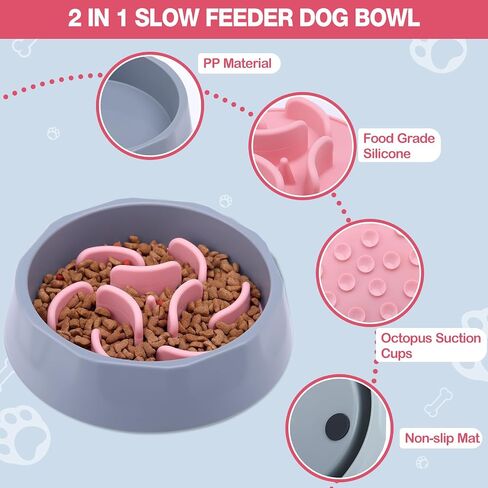 Slow Feeder Dog Bowls, 2-in-1 Dog Feeding Bowls with Silicone Slow Feeder Insert,Anti-Choking Puzzle Food Bowl(Pink) in Saudi Arabia