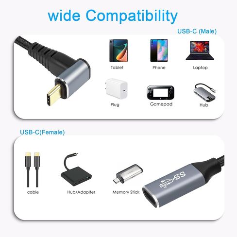 GELRHONR 0.25M 90 Degree USB C Cable, Up & Down Angle USB3.1 Gen2 USB Type C Male to Female 10Gbps Data Transfer PD 100W Charging Cord,UP Down Type-C Cable（Black 0.25M/0.8Ft） in Saudi Arabia