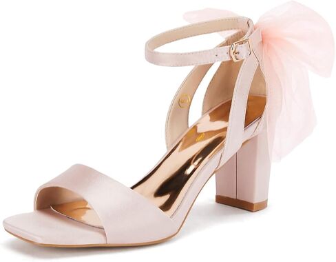 Coutgo Women's Bow Tie Heeled Sandals Chunky Heels One Strap Satin Ankle Buckle Dress Wedding Shoes in Saudi Arabia