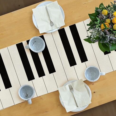 Peryiter 2 Pcs Linen Musical Table Runner, Musical Entertainment Theme Pattern, Waterproof Runner Decor for Music Event Birthday Party Wedding Table Kitchen, 72'' x 13'' (Piano Style) in Kuwait