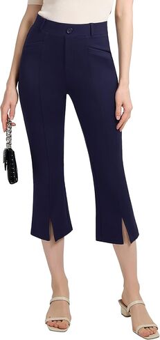 PUWEER كابري السراويل للنساء أنيق الأعمال عادية بسط مضيئة سروال فستان المرأة مع جيوب الصيف المحاصيل العمل كابري in Kuwait