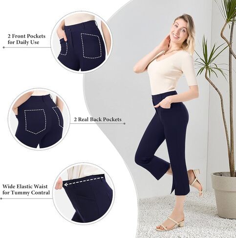 PUWEER كابري السراويل للنساء أنيق الأعمال عادية بسط مضيئة سروال فستان المرأة مع جيوب الصيف المحاصيل العمل كابري in Kuwait