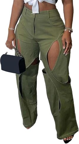 السراويل البضائع النسائية عالية الخصر التعب الجيش فضفاضة مستقيمة واسعة الساق السراويل التمويه الشارع الشهير in Kuwait